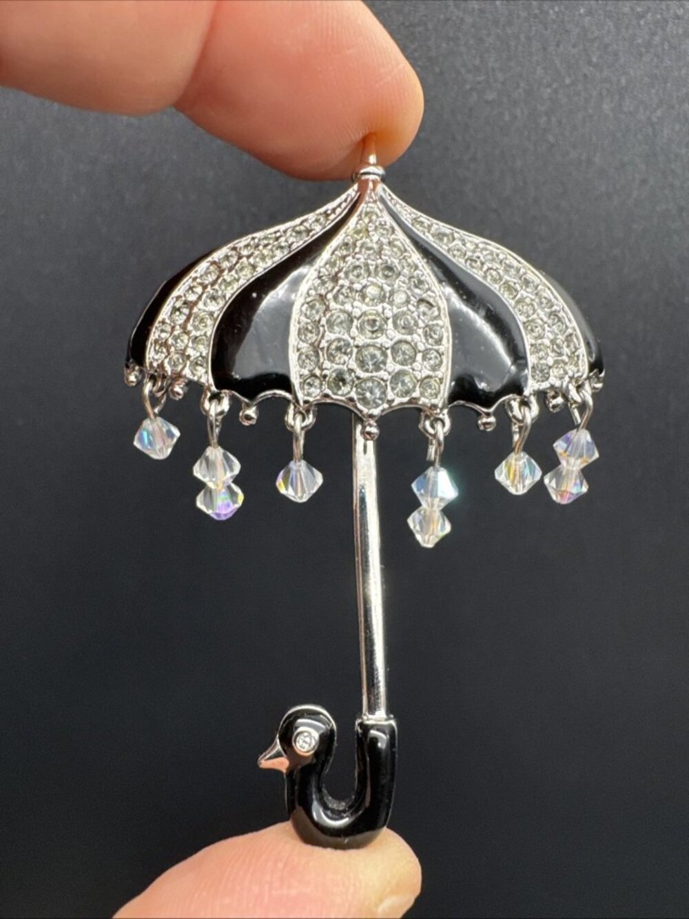 Swavorski Signed Swan Umbrella Black Silver Enamel Brooch Pin Rhinestone Clear